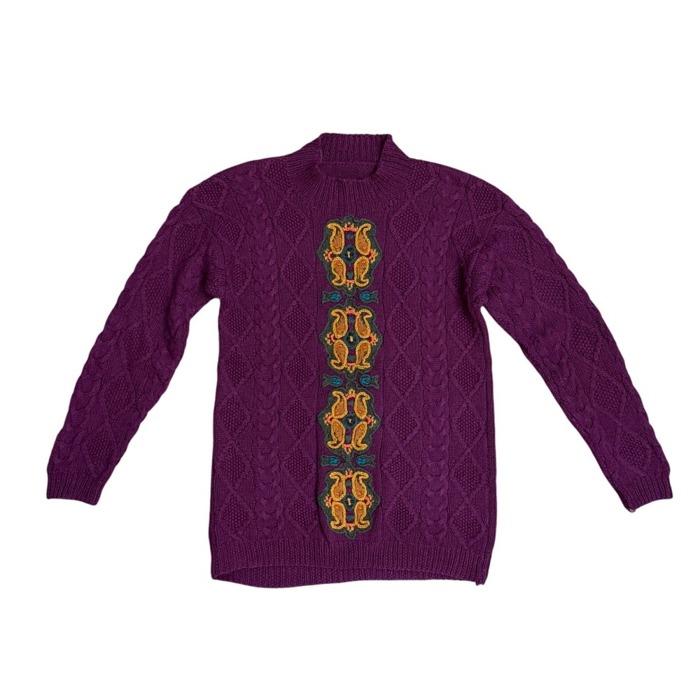 Vintage‎ Purple Cable Knit Embroidered Floral Paisley Mock Neck Sweater L
